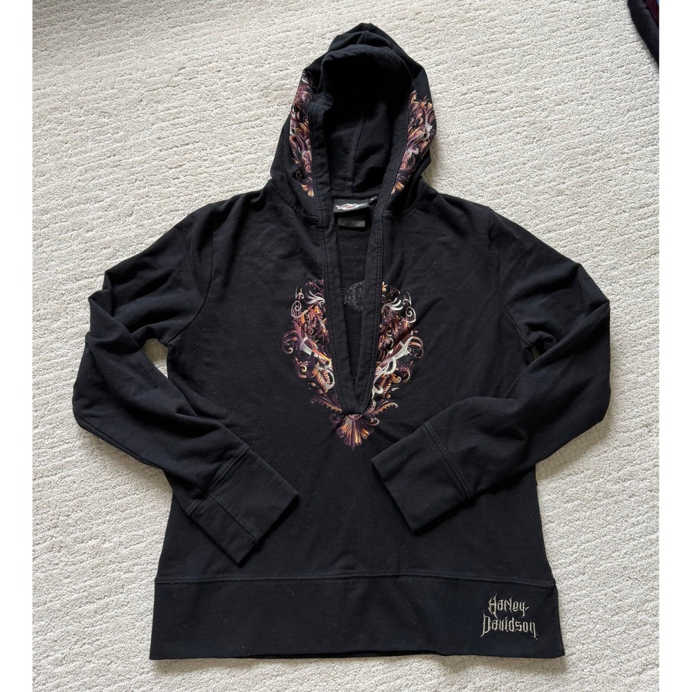 Harley Davidson Black Embroidered Skull‎ Wing Graphic V-Neck Pullover Hoodie L